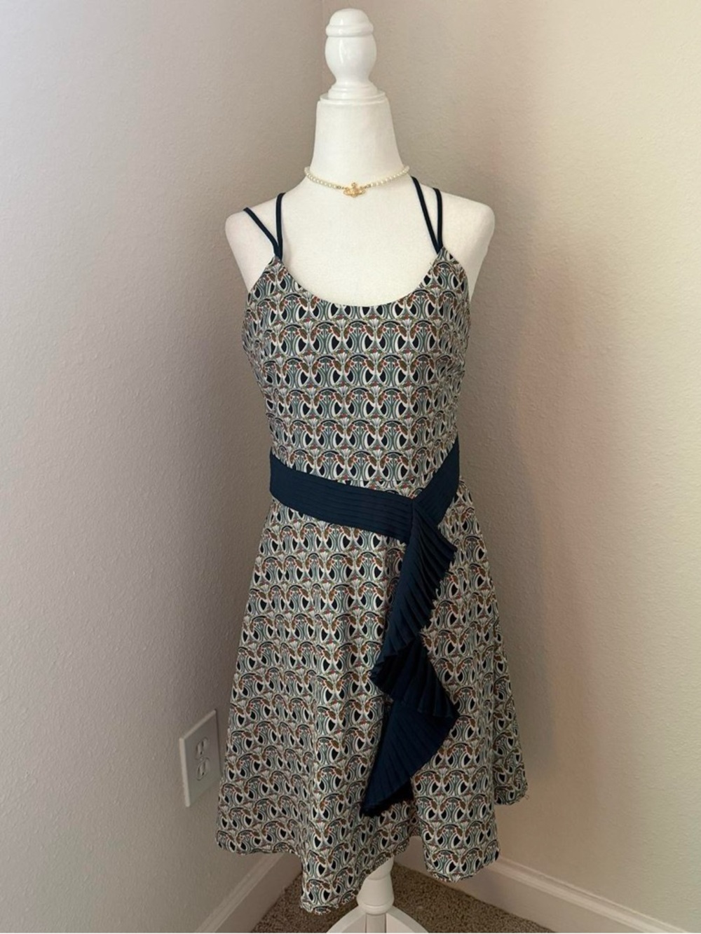 Liberty of London Multicolor Printed Mini Dress with Navy Waist Detail